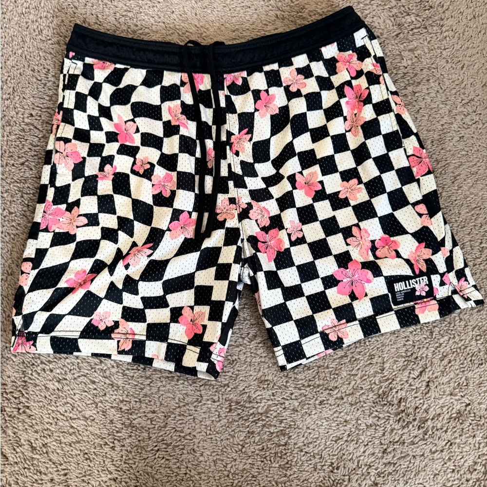 Hollister Men's Checkered Shorts with Pink Floral Accents